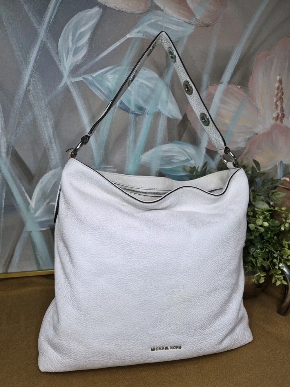 Michael Kors White Pebbled Medium Hobo Shoulder Bag